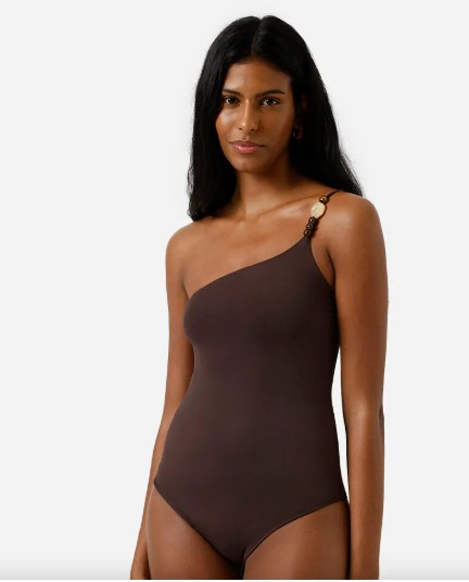 body ombro único feminino de poliamida marrom